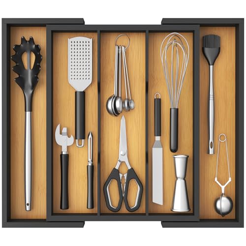 Lifewit Cuchillos Drawer Organizer de Bambu, Grande Porta Utensilios de Cocina Extensible, Soporte Herramientas Pequeña/Cucharas/Cuberteros, Almacenaje Encimera/Casa/Despensa, Natural y Negro