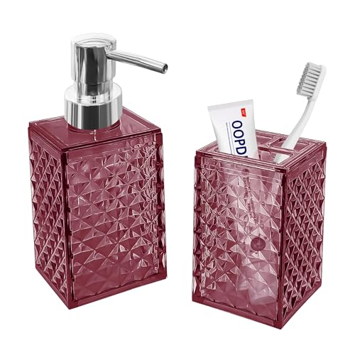 2PCS Burgundy Bathroom Accessories. Contain Soap Dispenser and Toothbrush Holder Set. Boho Bathroom Set for Blue Bathroom Décor