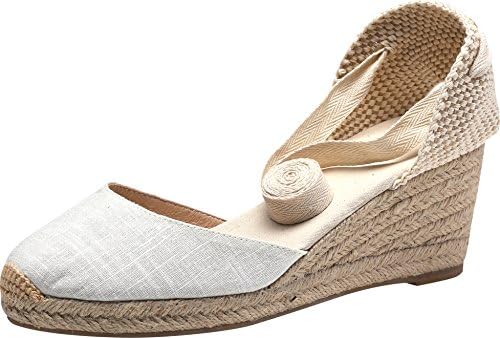 U-lite Womens Espadrille Wedge Sandals Closed Toe Platform Lace Up Ankle Strap Slingback Summer Dress Shoes White Canvas-2.5" 6