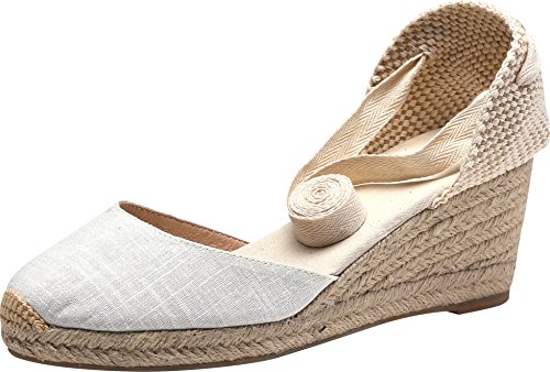 U-Lite Womens Espadrille Wedge Sandals Closed Toe Platform Lace Up Ankle Strap Slingback Summer Dress Shoes White Canvas-2.5" 6 #TOP16