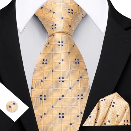 Image of YOHOWA Men Plaid /Striped Ties Set Silk Business Wedding Formal Fashion Necktie and Pocket Square Cufflinks Set