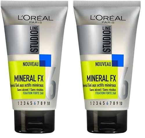 L’ORÉAL PARIS - Gel Coiffant Fixation Forte - Enrichi aux Actifs Minéraux - Tenue 24H Sans Résidus -Tous Types de Cheveux - Studio Line Mineral FX - 150 ml (Lot de 2)