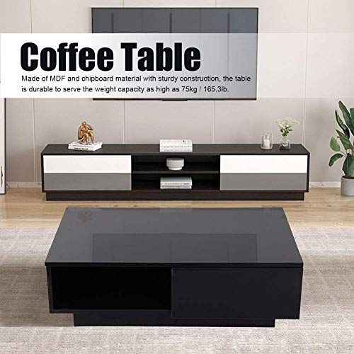 High Gloss Coffee Table With Led Light, Modern Cocktail Coffee Table Rectangle Contemporary Glossy End Table With Drawer Storage For Home Living Room Office Furniture, Black(110V) #TOP1
