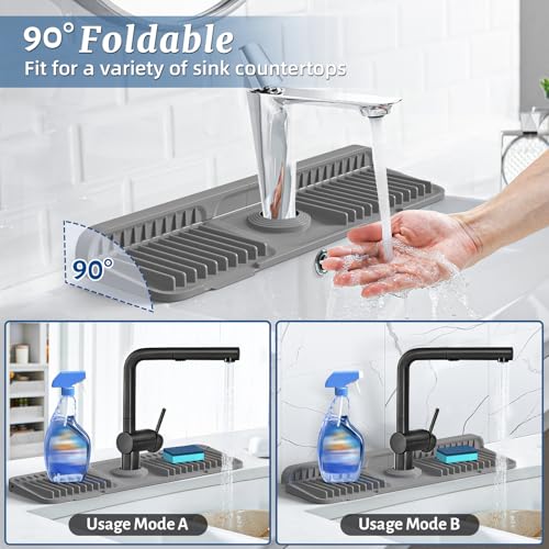 Image of PoYang 17.7 inch Faucet Mat for Kitchen Sink Splash Guard, 7 Slope Silicone Sink Water Splash Guard for Kitchen Sink Area with Snap Button, Long Sink Protectors for kitchen Sink Sponge Holder, Grey