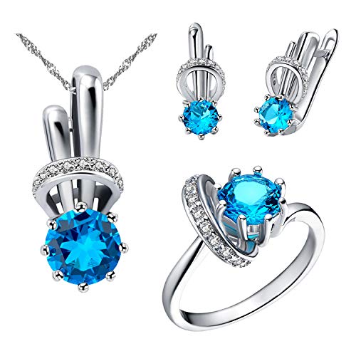 Uloveido Women Platinum Plated Created Round Blue Topaz Animal Jewelry Set December Birthstone Necklace Rabbit Clip On Earrings Solitaire Accent Ring Set (Blue, Size 7) T225 #TOP5
