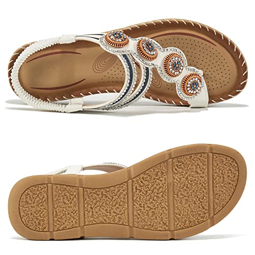 Harence Womens Sandals Comfortable Flats Shoes Summer Casual Elastic Ankle Strap Bohemian Beaded Flat Sandals For Women #TOP7