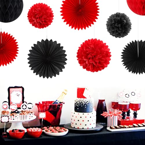 Image of Red Black Happy-Halloween Party Decorations - 13PCS Spider Web Bats Streamers Banner ,Paper Flowers Lanterns Tissue Pom Poms Fans, Classroom Birthday Bachelorette Hanging Supplies Decor Hugfond