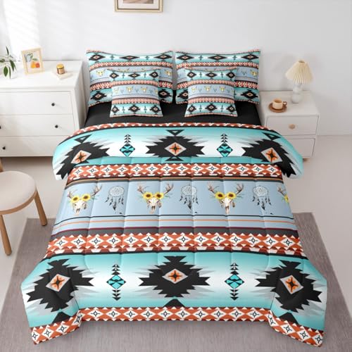 Image of Western Decor Gothic Queen Comforter Set with Sheets | Sunflower Bull Skull Boho 7 Piece Bedding Set Dreamcatcher Southwest Ethnic Tribal Arrow Aztec Bed in a Bag, Highland Cow Bohemian Room Decor