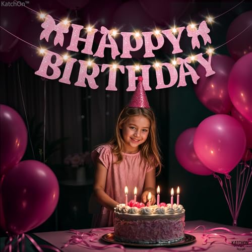 Image of KatchOn, Pink Bow Happy Birthday Banner with Lights, Pre-Strung - 10 Feet | Happy Birthday Decorations for Women, Kids | Glitter Pink Bow Party Decorations | Happy Birthday Backdrop