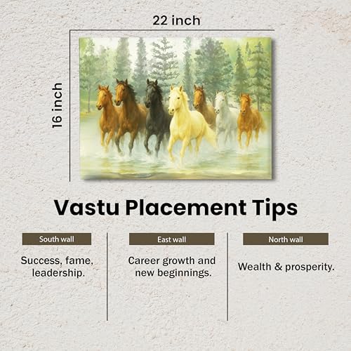 Image of 7 Running Horses Vastu Stretched Canvas Painting For Living Room Multicolor Seven Horses Vastu Wall Art Painting Symbol of Success, Growth & Positive Energy Wall Art for Home & Office, 16x22 Inch