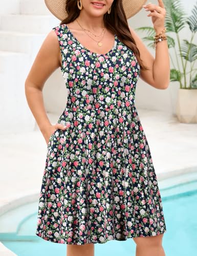 Image of JollieLovin Women Plus Size Summer Sundress Tank Sleeveless V Neck Beach Swing Dress Swimsuit Cover ups(L-5X)