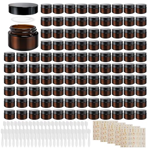 64 Pcs 1oz Glass Jars with Lids, Small Cosmetic Containers Bulk Amber Tins Glass with Inner Liners, Facial Mask Spoons, and Labels for Travel Lotions, Creams, and Candles (Black Lid)