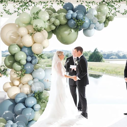 Image of Dusty Blue Sage Green Balloon Arch Kit, 140Pcs Fog Blue and Light Blue Green Sand White Balloons Different Size with Heart Foil Balloon for Baby Shower Bridal Anniversary Birthday Party Decorations