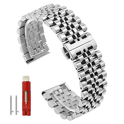 Dressy - Correa de reloj de liberación rápida de 7 filas de acero inoxidable, 20 mm/22 mm, correa de repuesto de metal para hombres y mujeres, negro, plata, dos tonos: oro, oro rosa, plateado, 20mm,