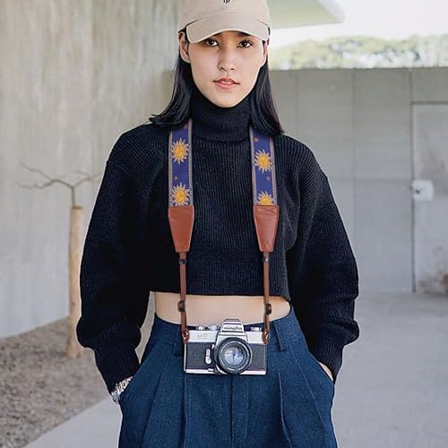 Image of Padwa Lifestyle Sun God Camera Strap - 2 inch Full Grain Leather Ends, Vintage Sun Face Camera Straps for Photographers, Soft Chamois Velvet Padded Strap Quick Release fits All Cameras