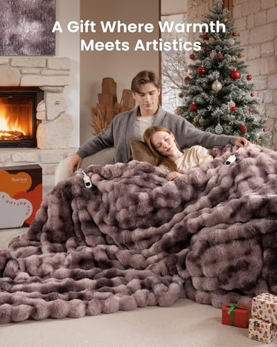 Image of Bearhug Heated Blanket Dual Controllers, Luxurious Faux Rabbit Fur Dual-Sided Electric Blankets, 100 x 90 Inches, Machine Washable, Gift-Ready Elegant Packaging