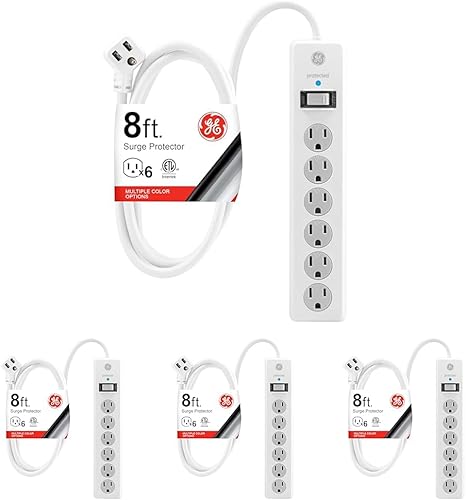 Miniatura 6 de GE Protector contra Sobretensiones con Regleta de Enchufes, Cable de Extensión de 4 Pies, Extensor de 6 Tomas, 800 Julios, Enchufe Plano, Cubiertas
