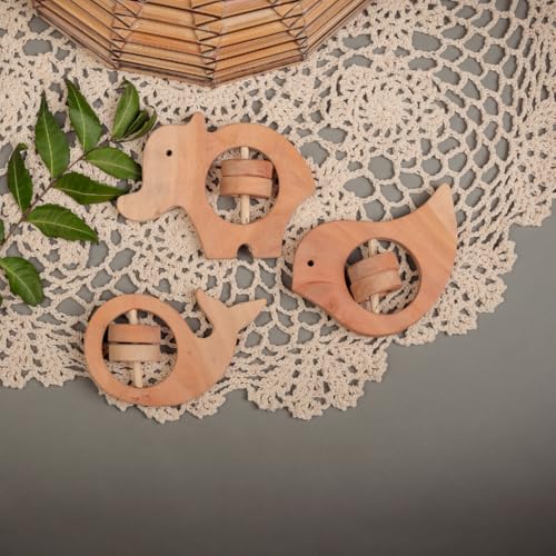 Image of Natural Neem Wood Baby Teether - Handmade Animal Shape Wooden Toy - Non-Toxic, Organic Chew Aid for Teething - Safe for Gums - Biodegradable, Eco-Friendly Gift for Infants & Toddlers (Neem Wood Baby Teether Set -3)
