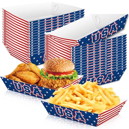 50 Pcs 4th of July 250th Anniversary Snack Trays – Red White Blue USA Flag Disposable Food Trays for Independence Day Party, BBQ, Picnic, and Patriotic Celebrations