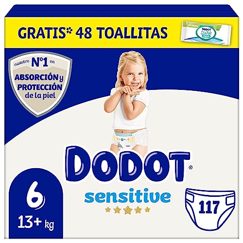 Dodot Pañales Bebé Sensitive Talla 6 (+13 kg), 117 Pañales, Óptima Protección de la Piel de Dodot, Pack Mensual
