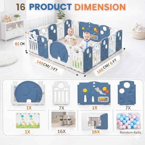 Image of 16 panel Playpen for Babies upto 5 year with Mat and Balls Foldable Baby Play Area Indoor Setup Play Yard Fence for Toddlers Kids Playarea Setup Outdoor Children Play Pen with Gate Baby Playpen(5*6 FT=30 SQFT Blue)