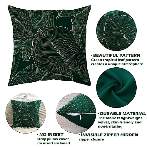 Emerald Green Tropical Leaves Throw Pillow Covers Set Of 2, Satin Decorative Abstract Natural Plant Leaf Pillowcase Minimalist Soft Square Cushion Covers For Living Room Bedroom Couch, 18 X 18 Inches #TOP4