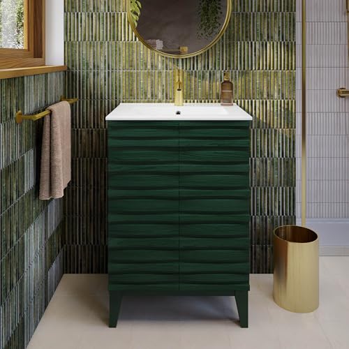 Image of Swiss Madison Cascade 24 inch Freestanding Bathroom Vanity in Green Oak with Sink Top