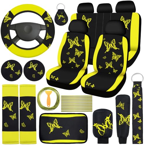 BBTO 43 Pcs Butterfly Car Seat Full Set Butterfly Car Accessories for Women 5 Front Rear Seat Covers Wrist Strap 2 Pcs Cup Mat Armrest Pad 2 Belt Cover Accessories for SUV(Yellow)