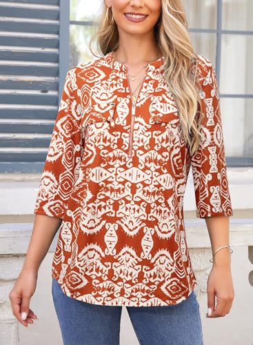 Image of Bulotus Womens 3 /4 Sleeve Tops Plus Size V Neck Zipper Business Casual Blouses for Office & Going Out Soft Knit Tunics, M-3XL