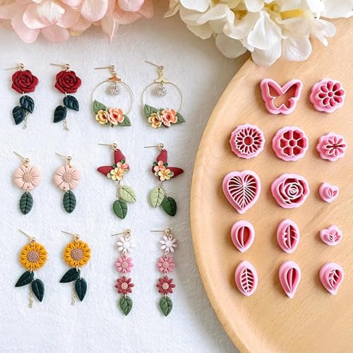 Image of Spring Polymer Clay Cutters, Flower and Leaf Shapes for Clay Jewellery, 14 Designs, Standard Size, Multicolor