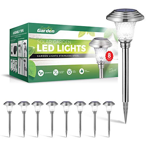 Signature Garden 8 Pack Solar Garden Lights - Super-Bright 15 Lumens; Makes Garden Pathways & Flower Beds Look Great - Easy NO-Wire Install; All-Weather/Water-Resistant (Stainless Steel, Silver)