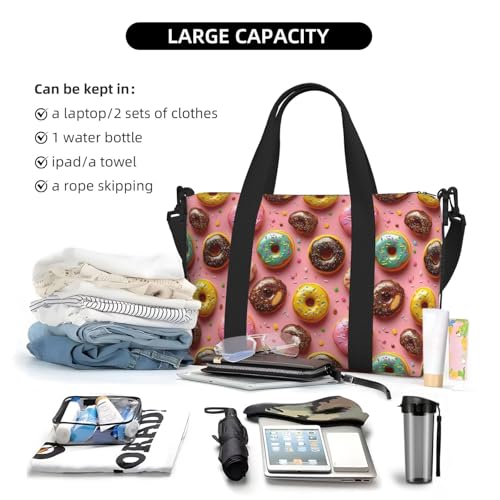 Pink Donut Cute Print Travel Duffle Bags for Women, Personal Item Overnight Weekender Sport Carry On Gym Bag for Men Women4