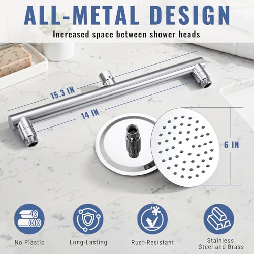 G-Promise All Metal Double Shower Head Built-in Water Flow Control Shut-Off Valve, High Pressure Tandem Shower Head Prepare for Couples Walk-in Bathroom or Small Space Bathroom (Chrome) — view 2