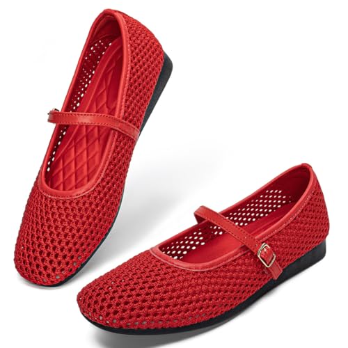 Image of Buyrew Women's Mary Jane Flats Breathable Mesh Square Toe Ballet Flats with Arch Support Washable Non Slip Casual Dress Shoes for Work Office