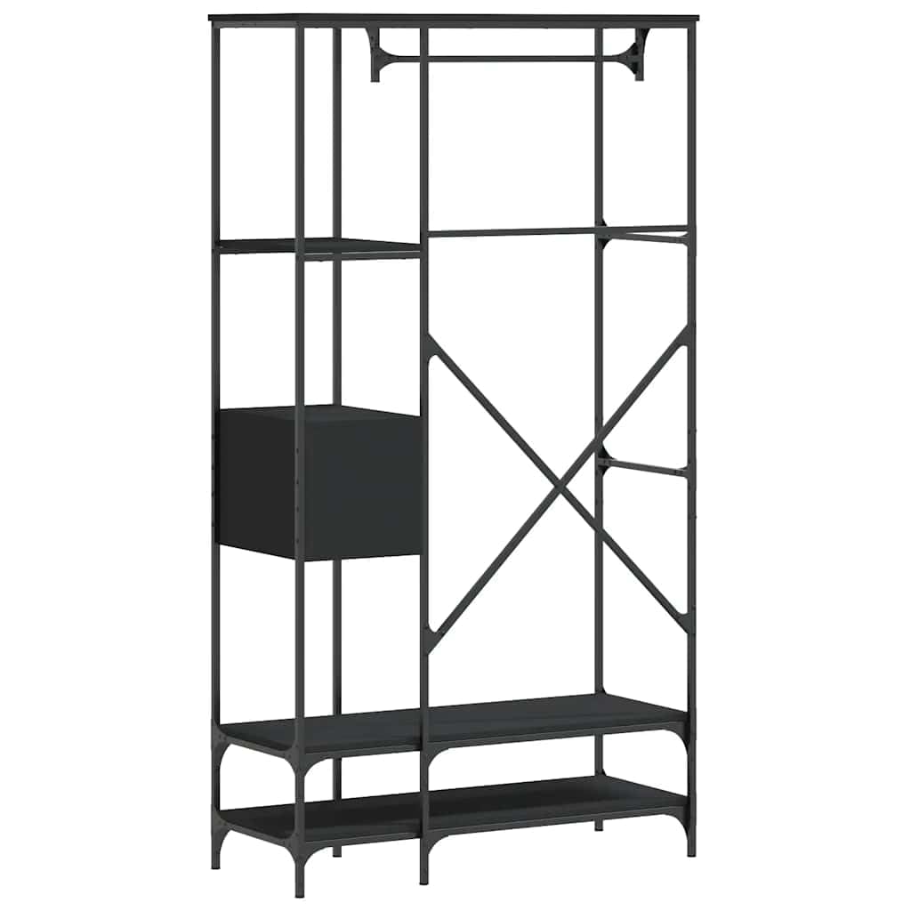Kleiderständer mit Ablagen aus Holzwerkstoff und Metall Schwarz 97x40x180 cm freistehend mit Rollen, höhenverstellbar, platzsparend für Schlafzimmer