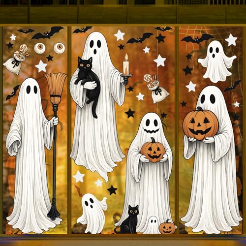 AhfuLife 4 Sheets Large Halloween Ghost Window Stickers Decorations 32 x 90cm Big Spooky Ghost Window Clings Double Side Reusable Decals for Halloween Home Party Indoor Decorations