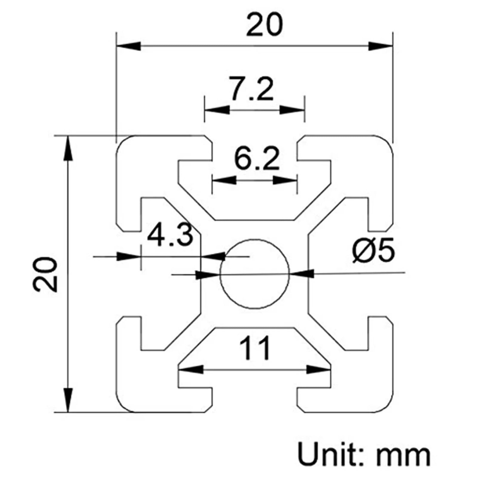 Perfil de extrusión de aluminio, tubo cuadrado de 20 x 20 mm, ranura en T para marcos, soportes y sistemas de estanterías