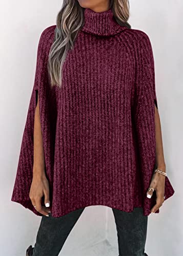 KIRUNDO Women's 2026 Fall Winter Turtleneck Poncho Sweater Fashion Chunky Knit Cape Wrap Sweaters Pullover Jumper Tops(Dark Purple Red, Small) — view 3