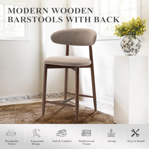 Image of COLAMY Bar Stools Set of 3, Counter Height BarStools with Back, Mid Century Modern Upholstered, with Wood Legs for Kitchen Island Dining Room, Camel