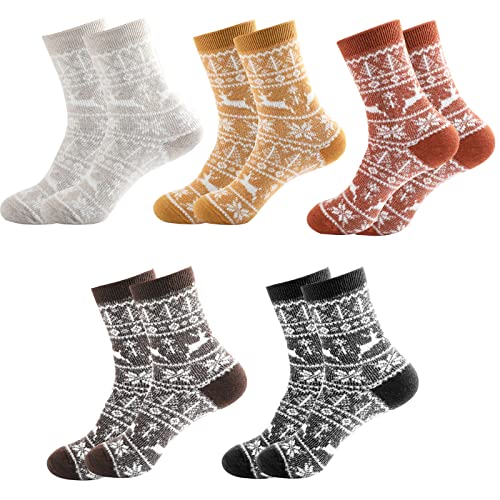 Adigaber 5 pares de Navidad Calcetines de Algodón de Mujer Tubo mediano Calcetines Invierno Termicos de Mujer Calcetines Muñeco de nieve Elk de Talla única Cover
