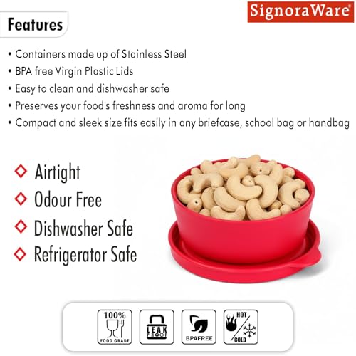 Image of SignoraWare Monarch Mini Mate Stainless Steel Container | Airtight & Leakproof | Small Storage Box for Spices, Chutney, Snacks | Ideal for Office, School & Travel (80ml | Red)