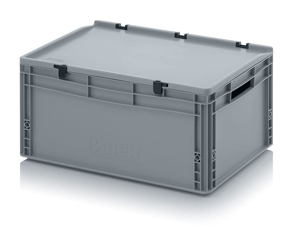 Eurobehälter + tapa con bisagra ED 64/27 Auer, gris, 56 l, caja de plástico, 60 x 40 x 28,5 cm, asas abiertas, caja de plástico, contenedor industrial, caja apilable,