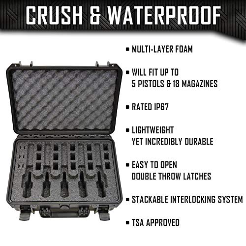 5 Pistol 18 Magazine Doro Gun Case with Custom MyCaseBuilder Foam Insert - Waterproof, Heavy Duty - Tactical Firearms and Ammunition Holder - Black Case w/Black Foam - 18 x 14 x 7 Inches