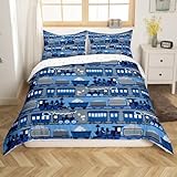 Homemissing Vintage Zug Bettwäsche Set 155x220cm Kinder Blaue Dampfmaschine Eisenbahntransport Bettbezug für Jungen Mädchen Cartoon Retro Fahrzeug Lokomotive Auto Betten Zimmer Dekor