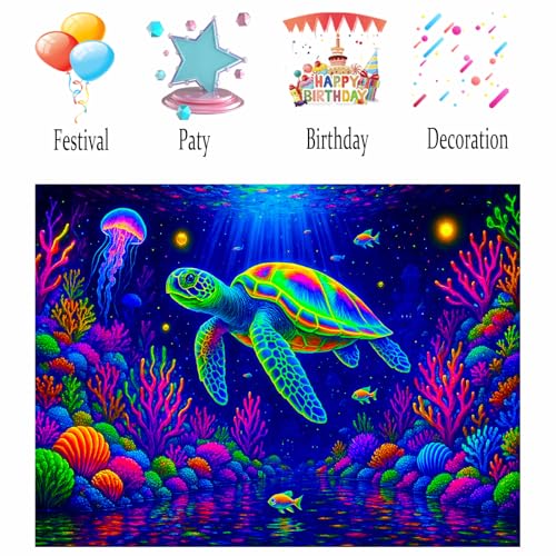 Image of Nuxovilar Sea Turtle Wall Tapestry Polyester 78.74x59.05 In | Glow Poster Trippy Wall Art Ocean Decor UV Backdrop Living Room Bedroom Lounge Space Room (Sea Turtle Reef)