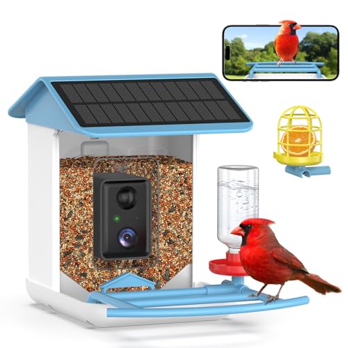 BROAIMX Bird Feeder with Camera, Free AI Forever for 11,000+ Species, 64G TF Card & 1080P HD, Solar-Powered Wireless Outdoor Design, App Alerts & Two-Way Audio for Garden (Sky Blue)