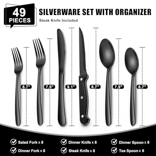 Image of 49-Piece Black Silverware Set with Organizer, Heavy Duty Stainless Steel Flatware for 8, Cutlery Utensil Sets with Steak Knives, Rust-proof, Mirror Polished, Dishwasher Safe, Black Heavy Duty