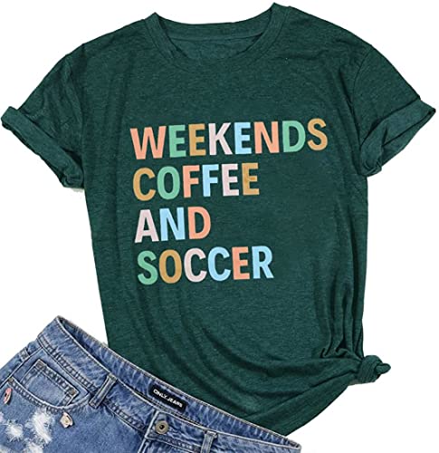 Weekends Coffee and Soccer Mom T-Shirts for Women - Soccer Gift Shirt with Ball Letter Printed Short Sleeve Tee Tops