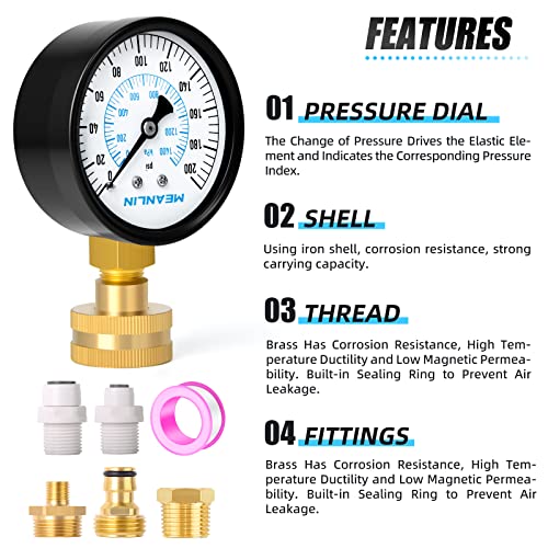 Image of MEANLIN MEASURE 0~200Psi 3 /4 inch Female Water Pressure Kit Plus 5 adapters, 2.5 inch FACE DIAL Multi-Purpose Pressure Gauge Kit, Hydraulic Tester,Suitable for Gardens, Water Pipes, etc