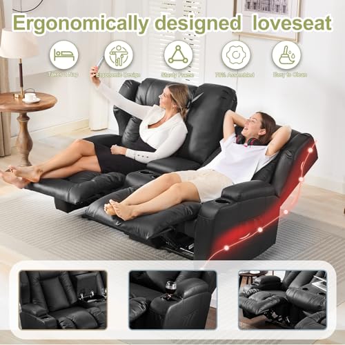 Image of SAMERY 65.5 inch RV Loveseat Recliner Double Recliner RV Sofa & Console | Wall Hugger Loveseat Reclining RV | RV Theater Seats | RV Couch | RV Home Theater Seating Furniture (Faux Leather Black)